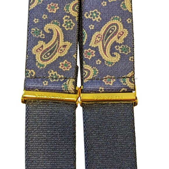 Vintage Pelican Suspenders Blue Paisley Leather Trim Button On USA Preppy Office - Picture 5 of 6